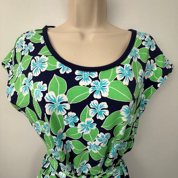 T by Talbots Blue Green Hawaiian Print Dress Tie Waist Navy Trimmed Caged Back - Picture 16 of 16